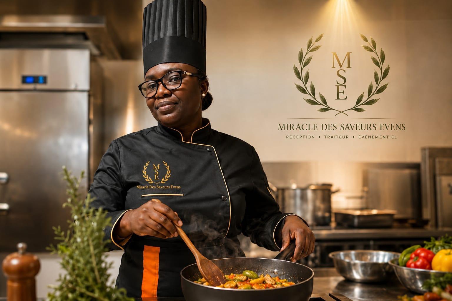 Marie Josée en cuisine avec le logo Miracle Des Saveurs Evens
